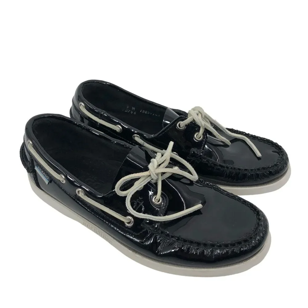Sebago‎ Docksides Boat Shoes Mens 9 More Like 8.5 Black Patent Leather Moccasin